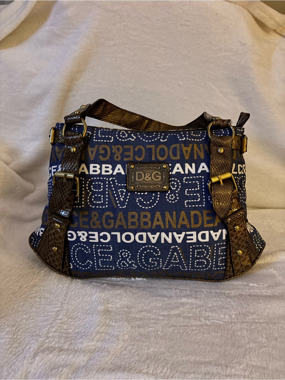 D&G Blue and White Logo Canvas Shoulder Bag with Brown Trim